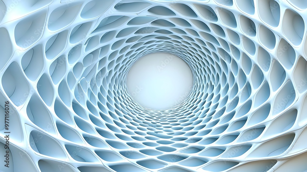 Poster a 3d render of an abstract architectural design, featuring curved patterns in white and blue.