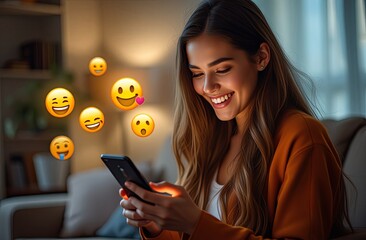 Smiling young woman using smartphone. Woman using smartphone sending emojis. Happy woman using phone to chat online with friends