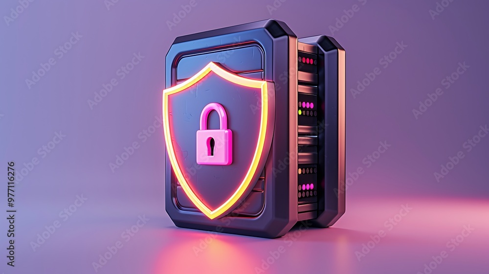 Poster a futuristic data storage device featuring a shield and lock symbol, representing cybersecurity and 