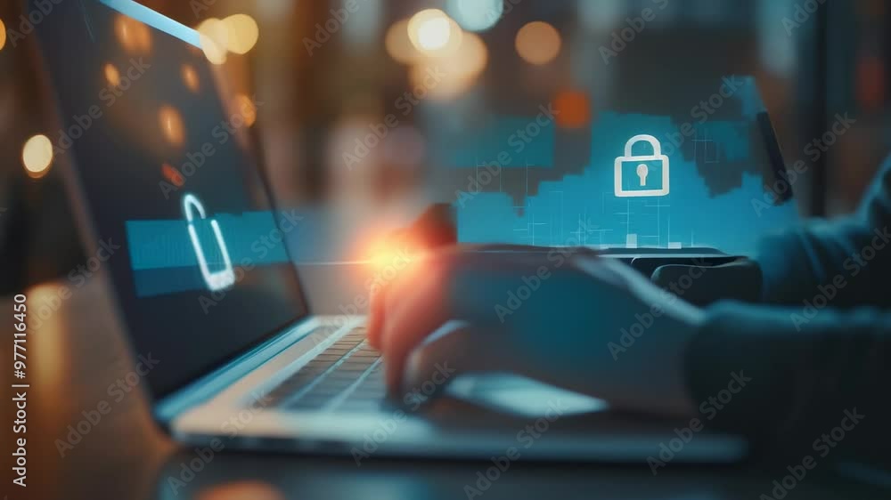 Poster person typing on a laptop with security lock icons. concept of cybersecurity and data protection for