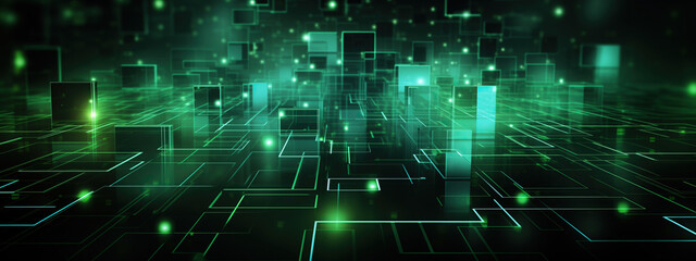 Futuristic abstract tech background featuring glowing cubes and circuitry illuminated by vibrant green light in a digital landscape