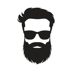 A silhouette of a man with a thick beard and lush hairstyle and glasses on a white background.