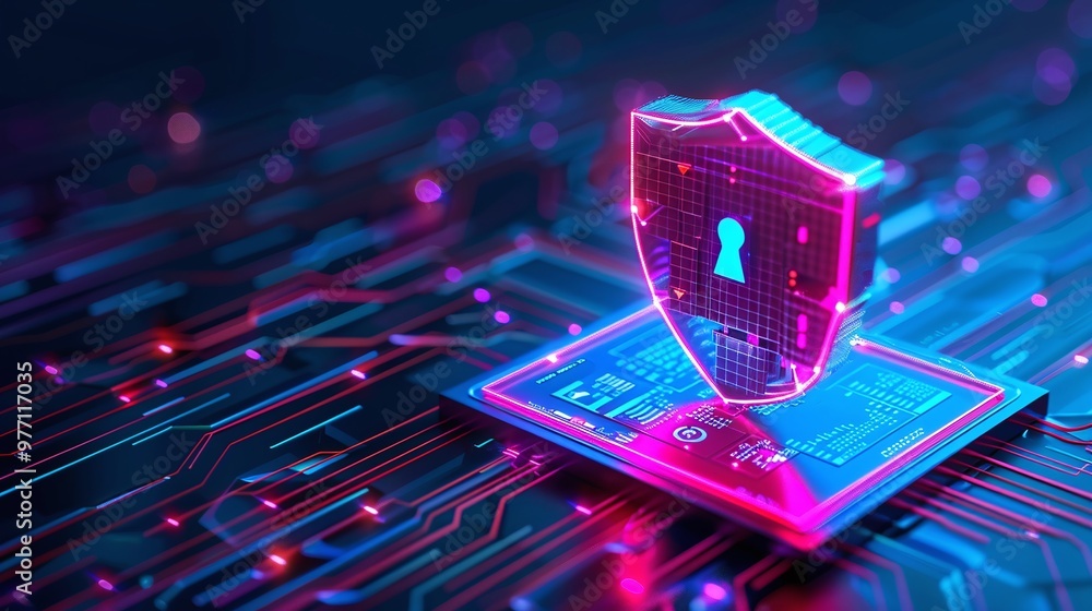 Poster a futuristic digital shield representing cybersecurity, with glowing circuits enhancing data protect