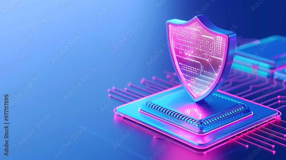 Poster a futuristic digital shield representing cybersecurity and data protection against tech threats in v