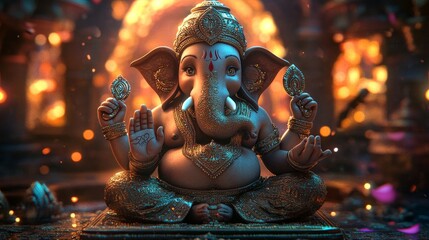 Ganesh in a 3D cartoon style, blending realism and creativity, with intricate ornamentation and a vibrant, glowing background