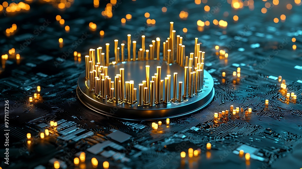 Poster abstract futuristic circuit board patterns with glowing golden bars form a technological design.