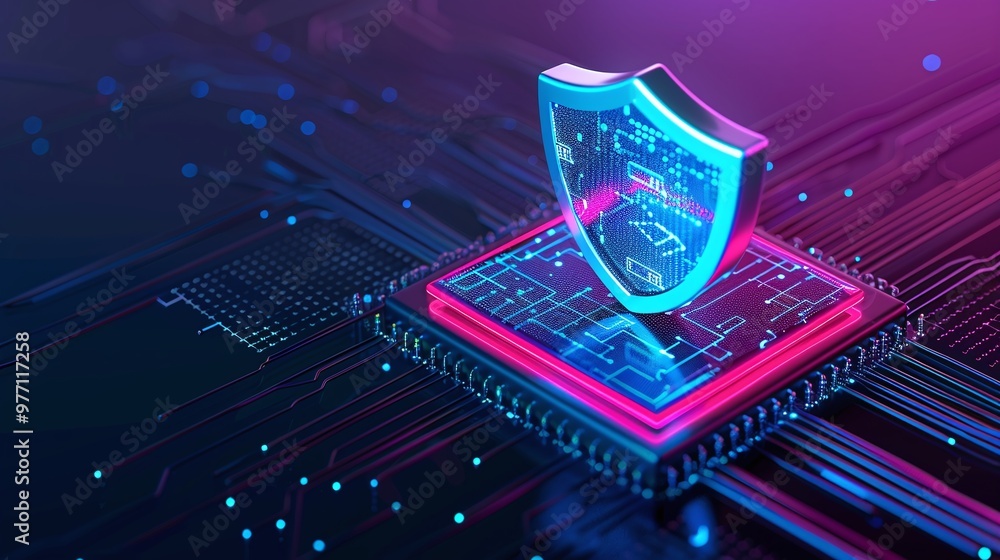Aufkleber a futuristic digital shield representing cybersecurity on a microchip, symbolizing protection in the
