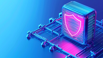 A futuristic digital shield symbol representing cybersecurity and data protection in a vibrant blue and pink neon atmosphere.