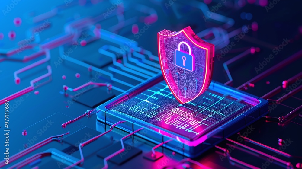 Poster a futuristic digital shield symbolizing cybersecurity on a circuit board background with vibrant neo