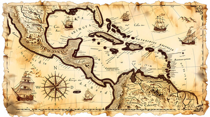 Fototapeta premium Vector illustration of a vintage map of the Caribbean Sea on worn parchment, featuring ships, islands, land, wind rose, and cardinal points, with a fantasy world