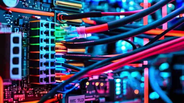 Close-up of colorful network cables connected to a server, glowing in red and blue light.