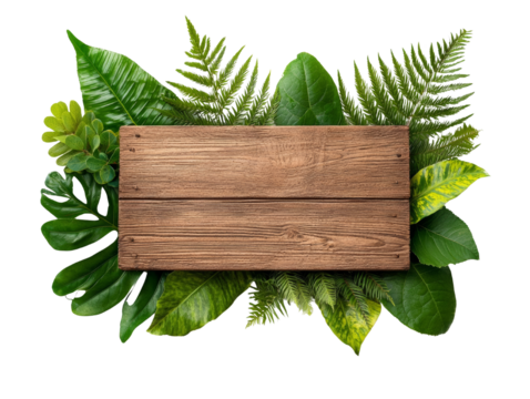 Wooden signboard surrounded by lush green tropical leaves
