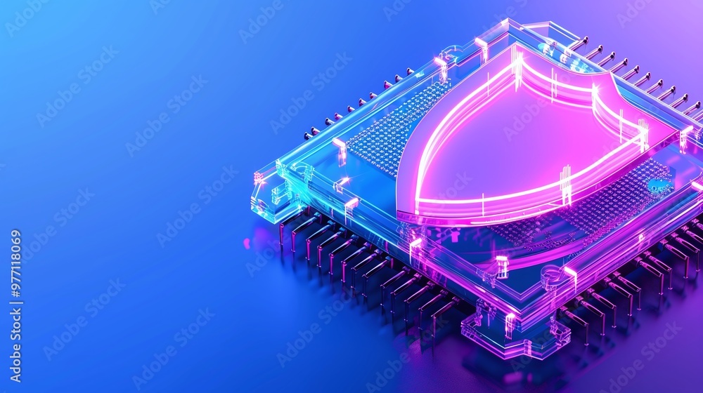 Poster a futuristic microchip featuring a glowing shield design, symbolizing cybersecurity and digital prot
