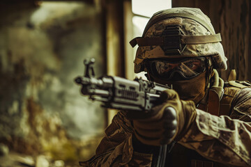 Fototapeta premium soldier in modern combat gear combat uniform in camouflage colors with large machine gun, protective clothing and helmet, war with modern equipment