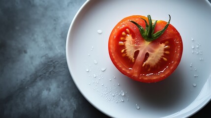 A ripe tomato on a white plate highlights its vibrant flesh and freshness against a gray background.