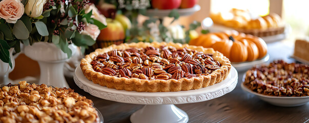A beautifully arranged dessert table with various pies, showcasing seasonal fruits and nuts, perfect for gatherings and celebrations.
