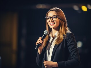 A woman in a blazer is holding a microphone and speaking at a presentation