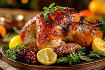 A beautifully roasted chicken garnished with herbs and served with lemon slices, perfect for festive dinners and gatherings.
