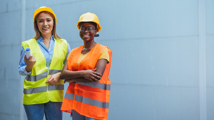Female Engineers in Safety Vests and Helmets Smiling Confidently