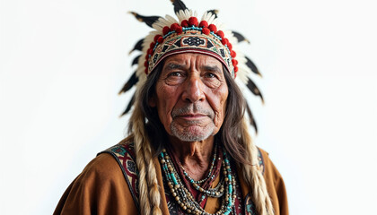 Elderly Native American man in traditional attire, showcasing wisdom and cultural heritage against a white background.






