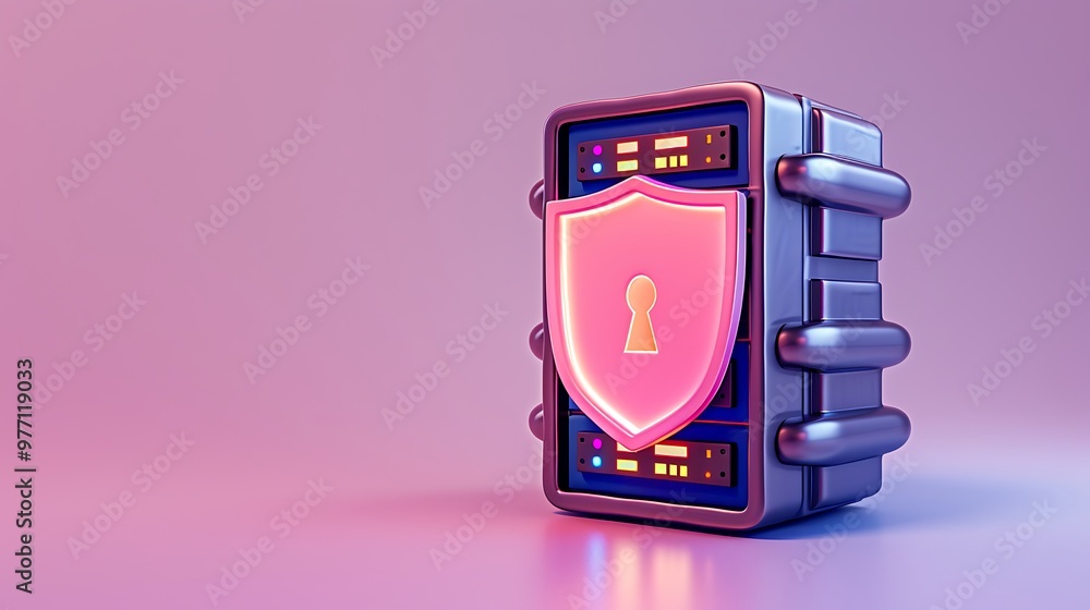 Poster a futuristic security device featuring a shield and keyhole, illuminated with vibrant colors, ideal 