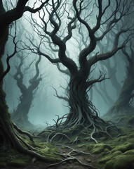 Naklejka premium Creepy forest with twisted branches