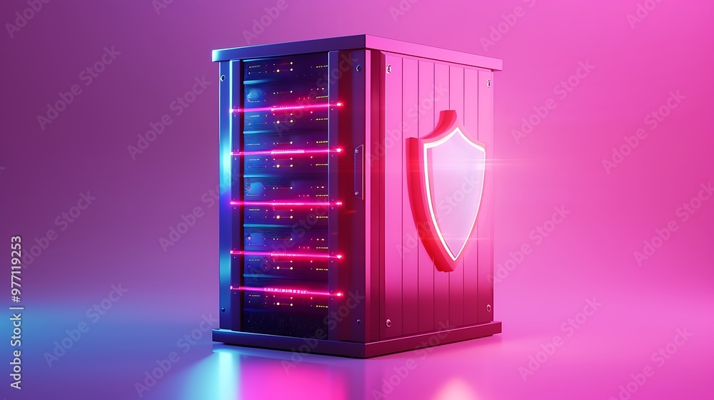 Poster a futuristic server cabinet illuminated with neon lights and a protective shield emblem, symbolizing