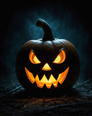 Naklejka premium Creepy jack o lantern glowing in darkness