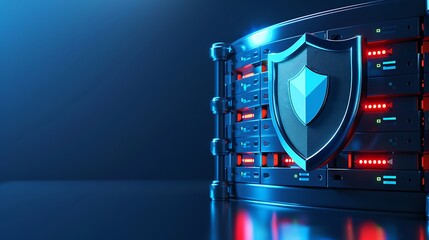 A futuristic server rack with a shield symbol, representing cybersecurity and data protection in a sleek blue environment.