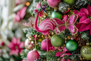 A close-up shot of an elegant tropical Christmas tree decorated with vibrant pink and green baubles, swan, palm leaves, tropical flowers, metallic butterfly accents, a neon purple flamingo figurine.