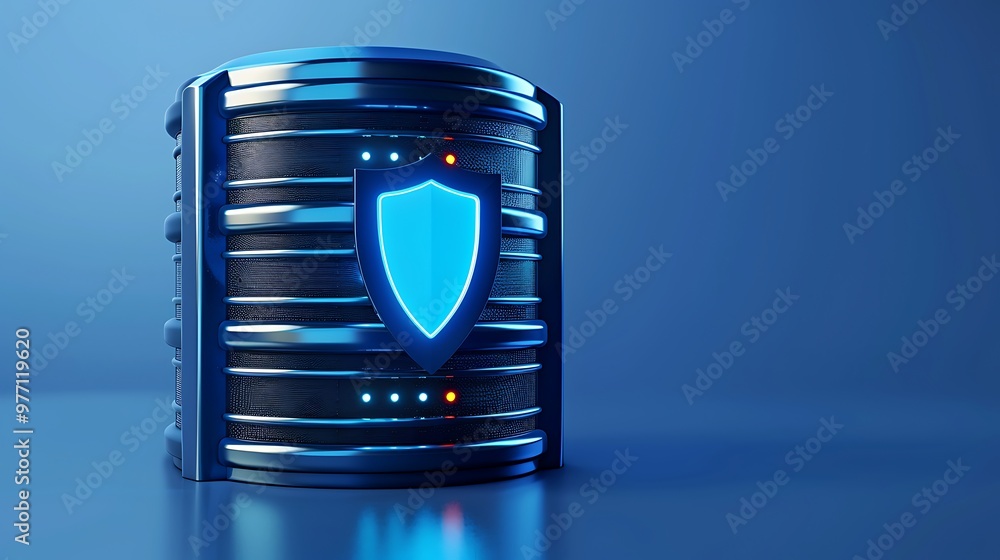 Poster a futuristic server with a blue shield symbol representing data security and protection in a digital