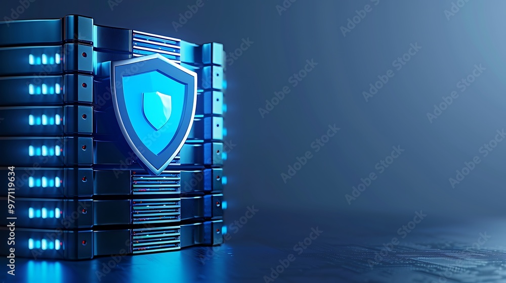 Poster a futuristic server with a blue shield symbol, representing data security and protection in a digita