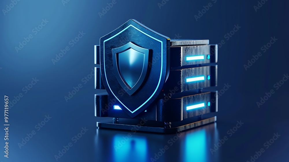 Poster a futuristic server with a blue shield symbolizing data protection and cybersecurity innovation, ide