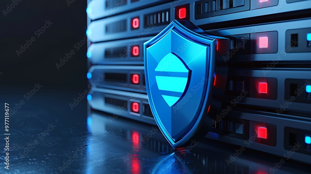 Poster a futuristic server with a blue shield symbolizing data security and protection in a digital landsca