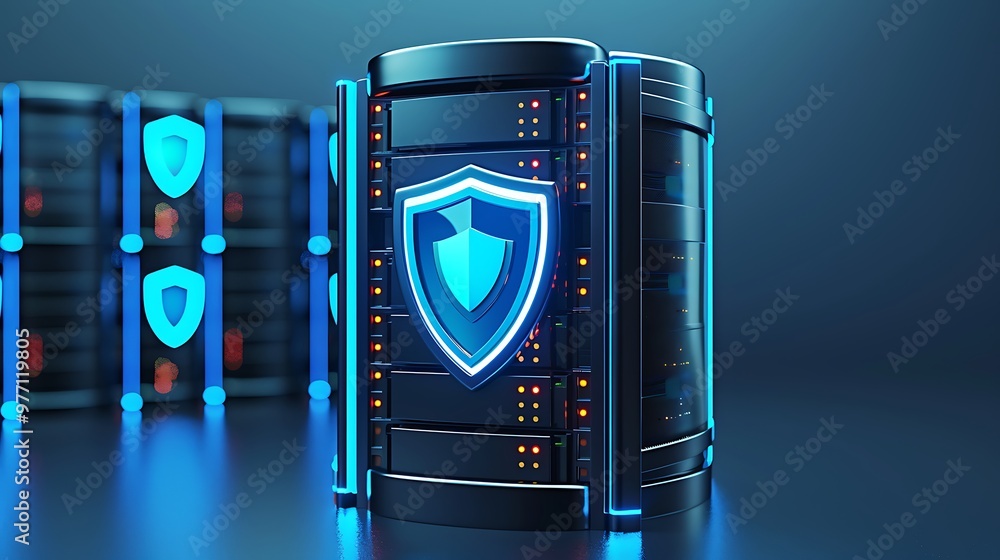 Poster a futuristic server with a glowing shield emblem, representing data security and protection in a dig