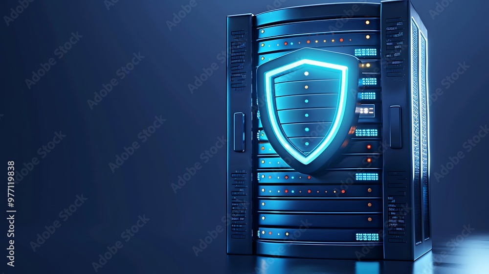 Poster a futuristic server with a glowing shield, symbolizing data security and protection in technology an