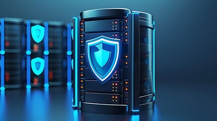 Obraz premium A futuristic server with a glowing shield emblem, representing data security and protection in a digital world.