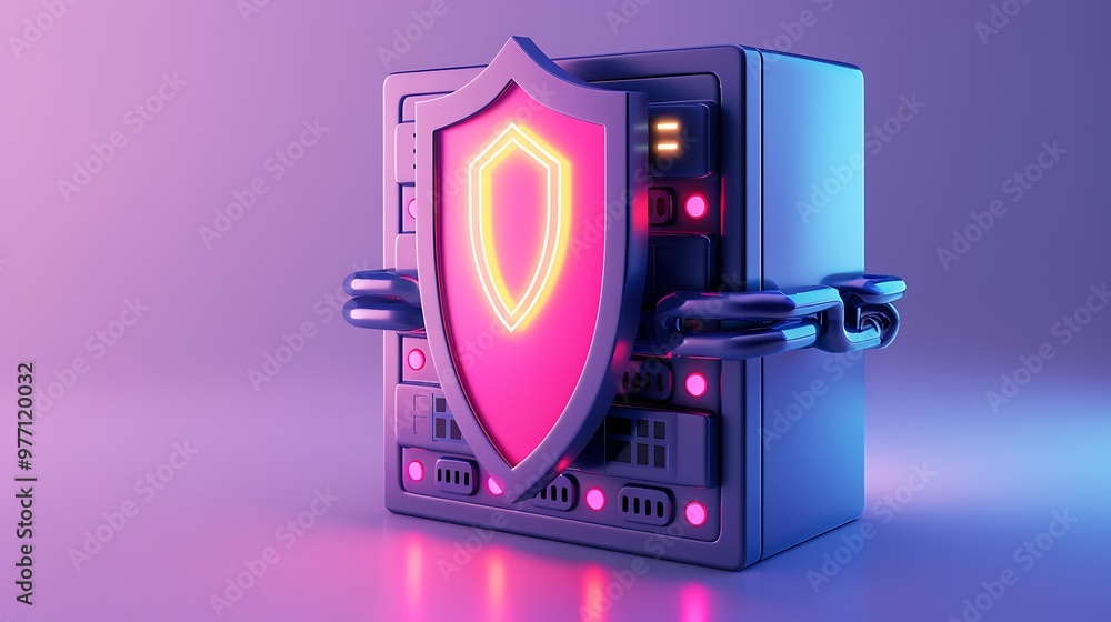 Poster a futuristic server with a glowing shield symbol, representing cybersecurity and data protection in 
