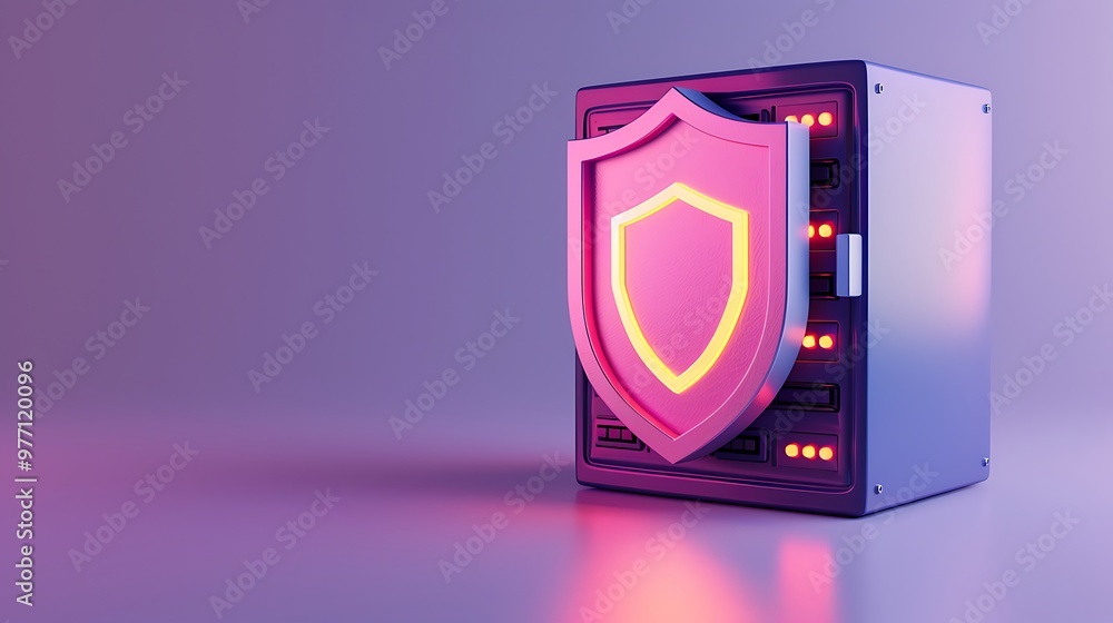 Poster a futuristic server with a glowing shield symbol, representing advanced cybersecurity and data prote
