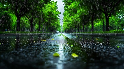 A rainy street lined with trees and fallen leaves, the scene softened by the wet haze.