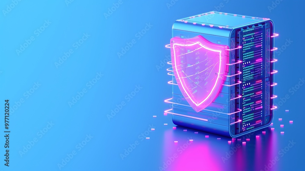 Poster a futuristic server with a glowing shield symbolizing cybersecurity and data protection in a digital