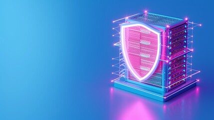 Fototapeta premium A futuristic server with a glowing shield symbolizing data security and protection in a digital environment.