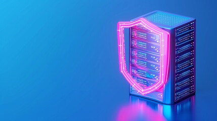 Obraz premium A futuristic server with a glowing shield symbolizing data security and protection in a digital environment.