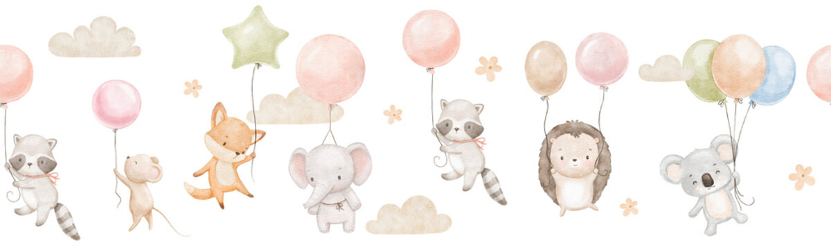 Fototapeta Seamless watercolor border with cute baby koala, elephant and mouse. Funny animals are flying with balloons in clouds. Hand drawn illustrations set