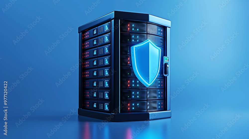 Poster a futuristic server with a security shield, showcasing data protection and technology innovation in 