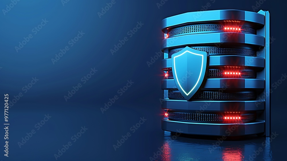 Poster a futuristic server with a shield, representing data protection and security in a digital environmen