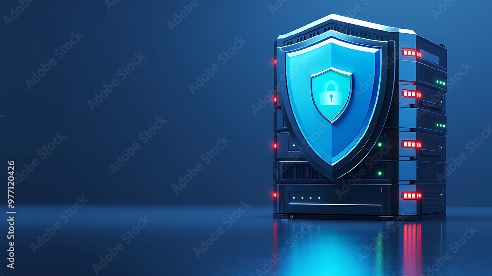 Poster a futuristic server with a security shield, symbolizing data protection and cybersecurity in a digit