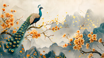 Vintage illustration, flowers and plants, branches, peacocks, golden brushstrokes, textured background. Painting. Modern Art. Wallpapers, posters, cards, murals, prints