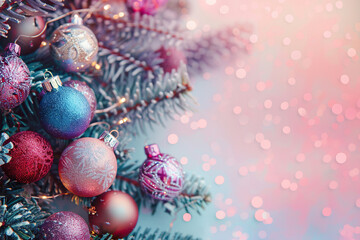 Fototapeta premium Christmas greeting card with bright winter holiday composition and New Year background