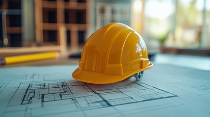 Blueprint floor plan architectural project on the table with yellow helmet and pencil